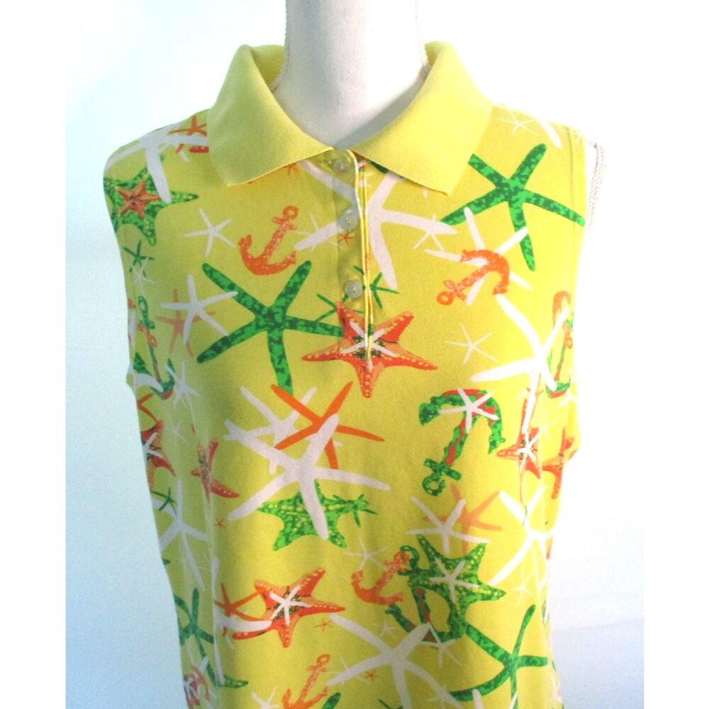 Palm Harbour Women's Sleeveless Yellow Starfish Stretch Polo Shirt Size Large - Picture 2 of 10